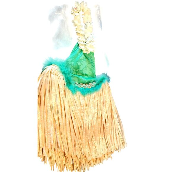 Wine Bottle Cover Green Hawaiian Hula Skirt Floral Top & Faux Grass Skirt For Wi - Picture 3 of 4
